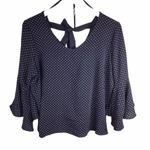 Anthropologie Green Envelope Blouse women Sz L White Black Dots Tie Back Flared